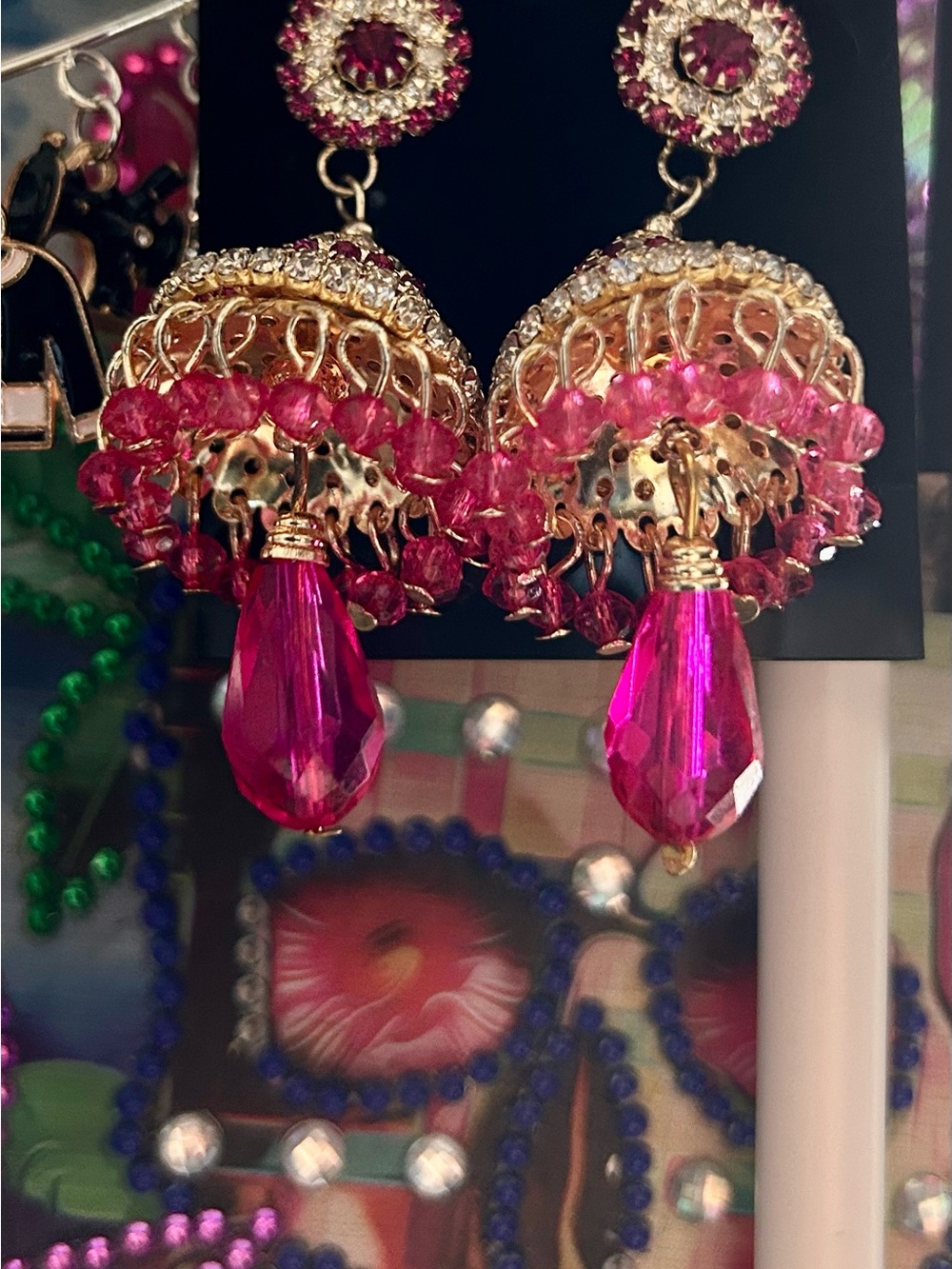 Gold-Tone Pink Crystal Jhumka Earrings - Picture 6 of 7
